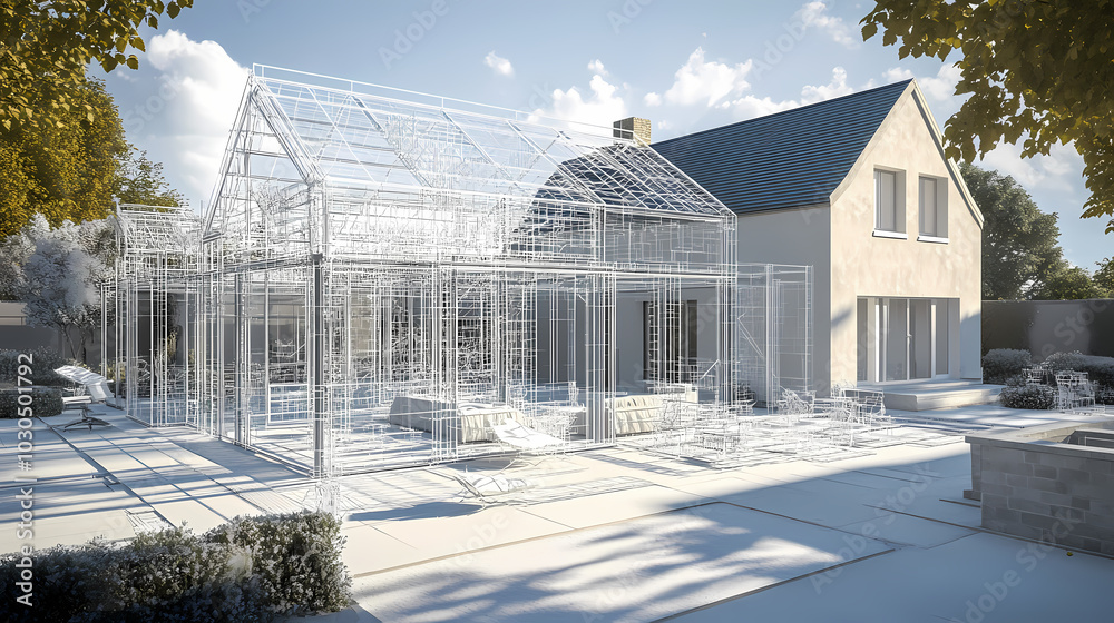Wireframe rendering of a building in 3D. Done view hard landscaping, new luxury stone patio and garden of English home. Idea for an abstract construction graphic Wireframe rendering of a building in 3D. Done view hard landscaping, new luxury stone patio and garden of English home. Idea for an abstract construction graphic