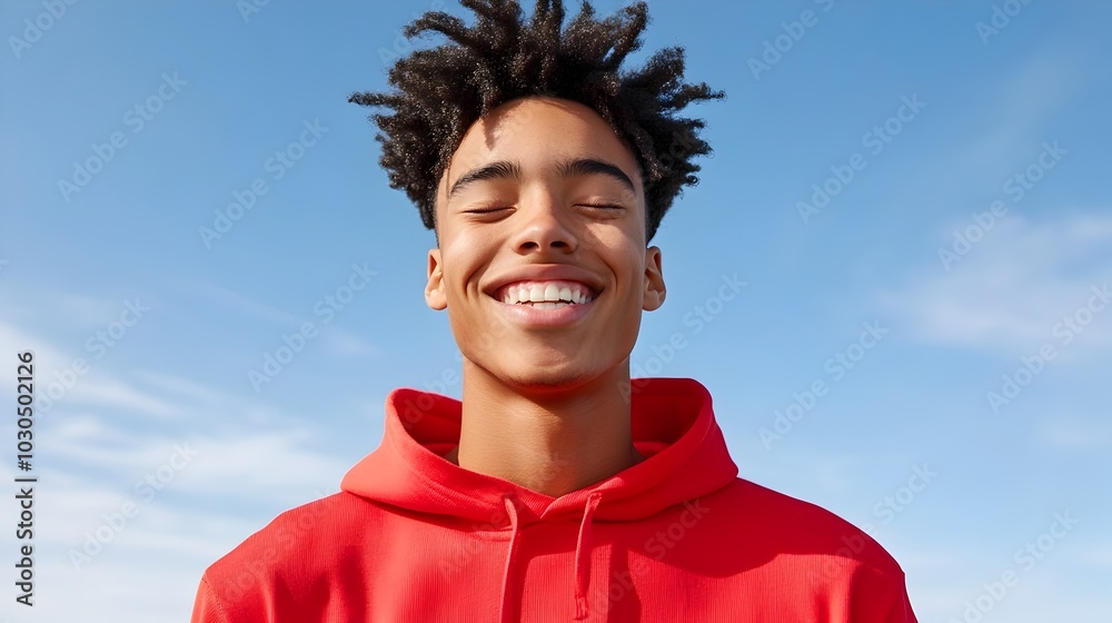 Smiling Young Man Enjoying Fresh Air and Peaceful Scenic Blue Sky Background Smiling Young Man Enjoying Fresh Air and Peaceful Scenic Blue Sky Background