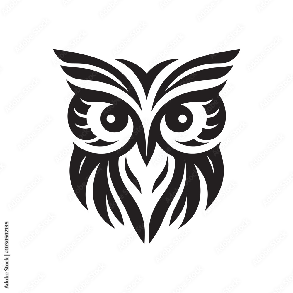 Vector Silhouette of Stylized Owl Head with Large Eyes. Black Design. Vector Silhouette of Stylized Owl Head with Large Eyes. Black Design.