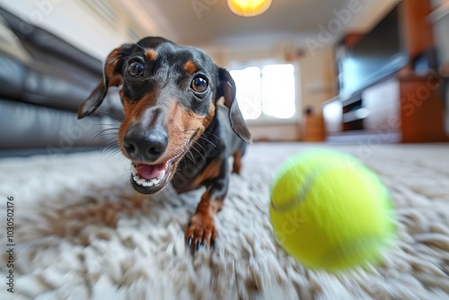 happy dachshund dog chasing tennis ball on carpet at home dynamic shot on wide angle lens photo