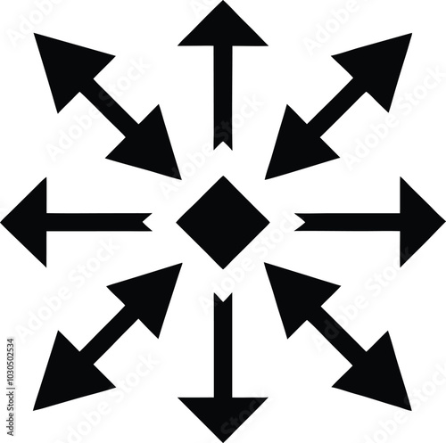 Black and White Vector Graphic of Arrows Radiating Outward from a Central Diamond Shape, Symbolizing Expansion and Growth