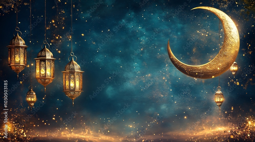 Beautifully designed banner featuring gold lanterns and a crescent moon with intricate Islamic calligraphy set against a rich background ideal for celebrating Ramadan and Eid