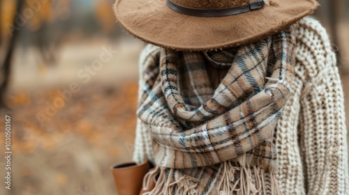 A neutraltoned plaid scarf wrapped around a camelcolored sweater dress paired with kneehigh brown boots and a matching fedora hat for a cozy and classic fall ensemble. photo