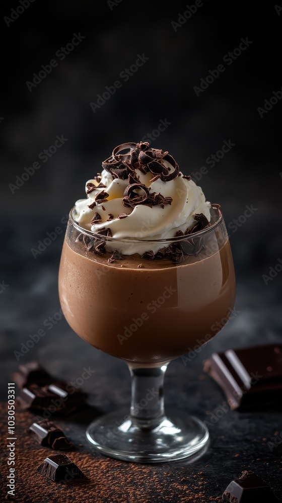 chocolate mousse with whipped cream in a glass on a dark background chocolate mousse with whipped cream in a glass on a dark background