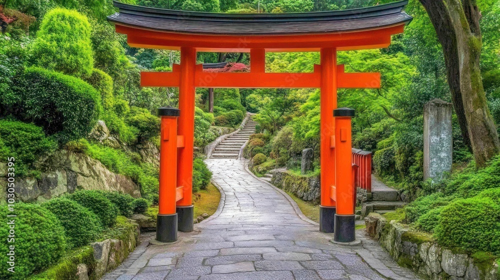 A serene pathway leads through a vibrant garden with a traditional Japanese torii gate. A serene pathway leads through a vibrant garden with a traditional Japanese torii gate.
