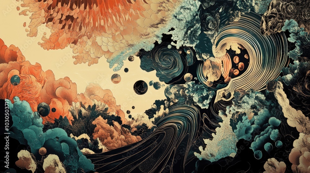A surreal abstract representation of life's cycles, with layered patterns and dynamic shapes illustrating growth, change, and the passage of time