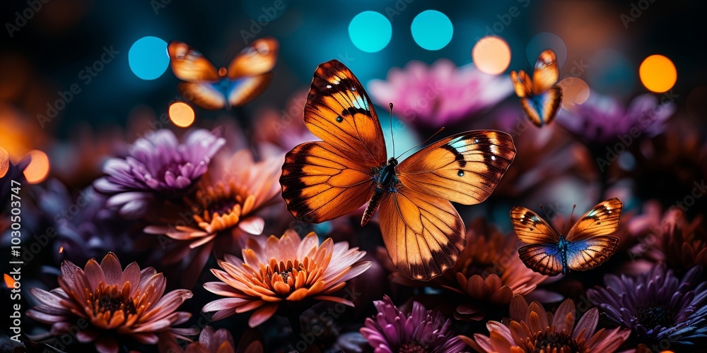 A delicate butterfly with vibrant orange wings rests on a bed of blooming flowers, bathed in a soft glow of warm and cool light. A delicate butterfly with vibrant orange wings rests on a bed of blooming flowers, bathed in a soft glow of warm and cool light.