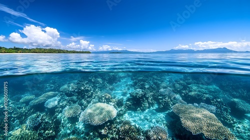 A beautiful blue ocean with a clear blue sky above it. The water is calm and the sun is shining brightly