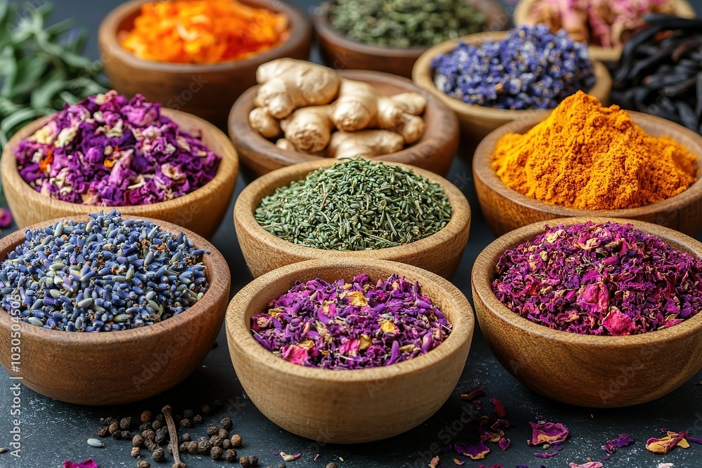 A variety of spices and herbs are displayed in wooden bowls on a counter A variety of spices and herbs are displayed in wooden bowls on a counter