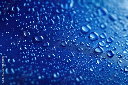 Water Droplets on Blue Surface, Abstract Liquid Art, Macro Water Droplets Photography, Raindrops on Blue Background