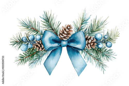Christmas decoration with pine branches, cones, and a blue ribbon, white isolated background.
