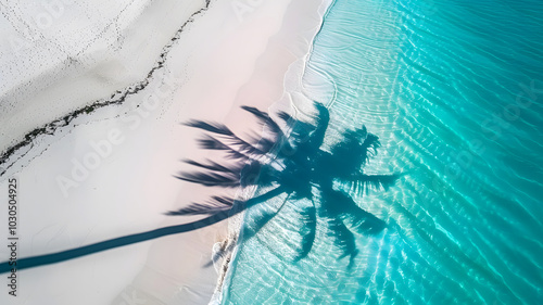 Photography of Top View of Tropical and Palm Leaf Shadows on Water Surface and White Sand Beach, Perfect Summer Beach Vacation Concept, Beautiful Abstract Summer Vacation Landscape Banner 