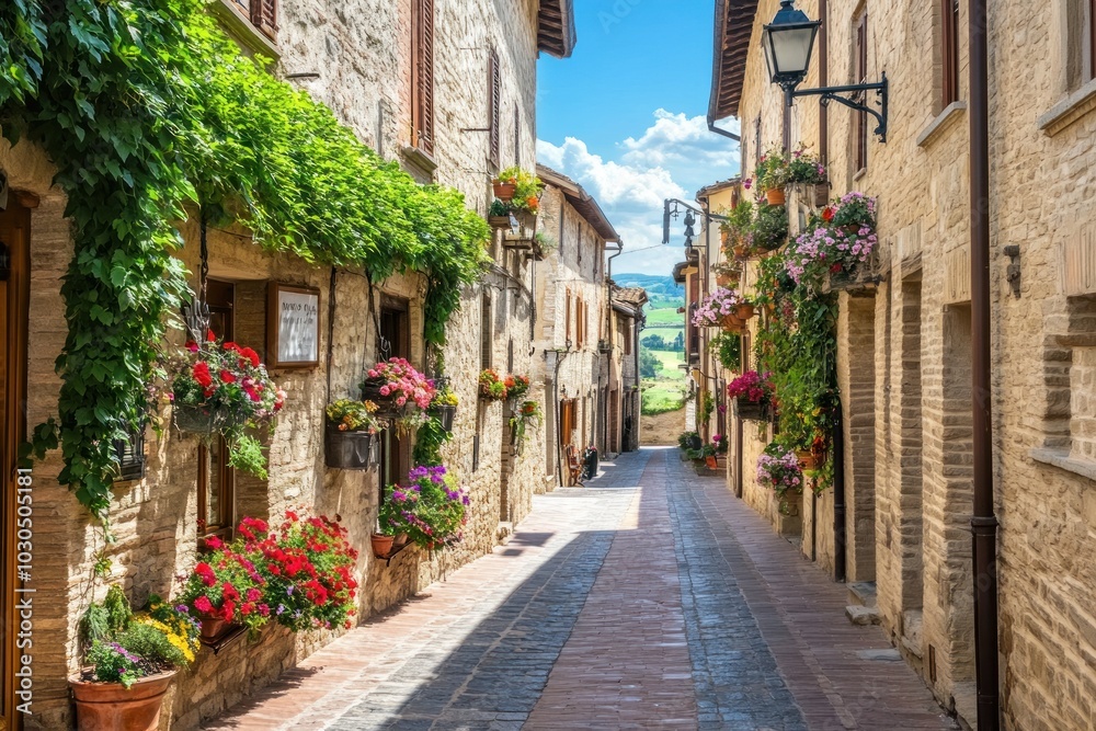 A picturesque alleyway adorned with vibrant flowers and greenery in a charming village. A picturesque alleyway adorned with vibrant flowers and greenery in a charming village.
