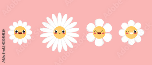 Cute cartoon chamomile flower characters in childish style. Happy flower icons in flat design. Vector illustration