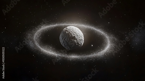 A light gray, rocky object with a ring system, surrounded by dark space and distant stars.

