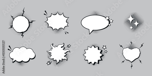 Empty comic speech bubbles decorated with black halftone shadow in pop art style. Various shapes and elements. Vector illustration