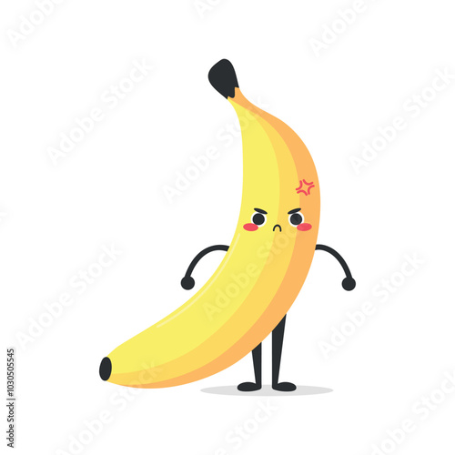 Cute cartoon banana character is angry. Banana fruit mascot. Vector illustration