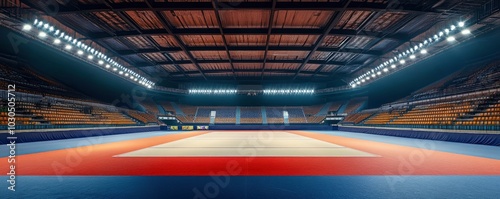 Championship karate tournament in action at empty stadium.