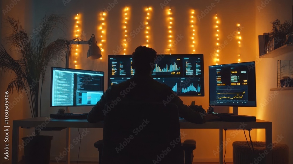 Cyber Monday home office, person sitting at a minimalist desk with multiple screens displaying online stores Cyber Monday home office, person sitting at a minimalist desk with multiple screens displaying online stores