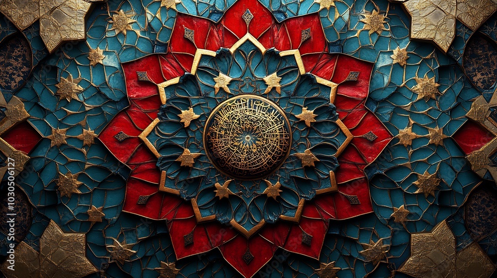 Bold 3D geometric design featuring vibrant Arabic patterns in shades of red blue and gold with textured surfaces and intricate Islamic ornaments creating a dynamic Arabianinspired background