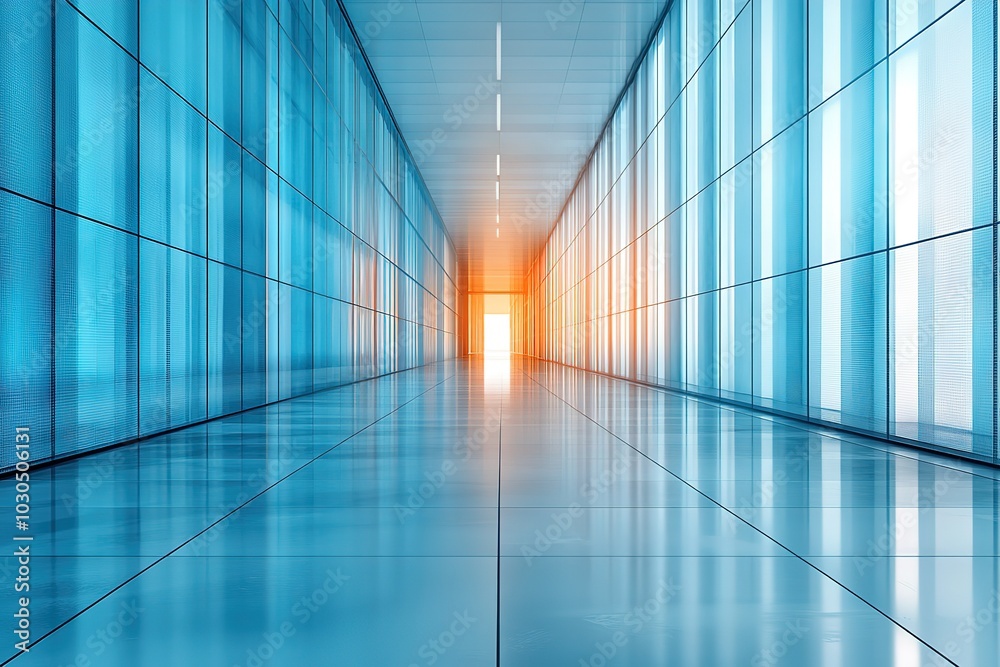A long hallway with blue walls and orange lights A long hallway with blue walls and orange lights
