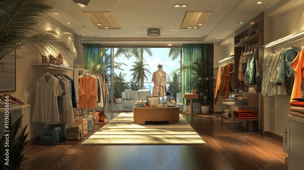 3D render of a fashion shop interior, stylishly designed. --a 3D render of a fashion shop interior, stylishly designed. --a
