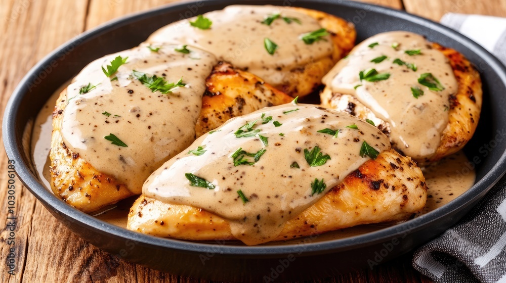 A tempting dish of perfectly seared chicken pieces smothered in a creamy yellow sauce, accompanied by sauteed mushrooms and fresh herbs, presented in a black frying pan. A tempting dish of perfectly seared chicken pieces smothered in a creamy yellow sauce, accompanied by sauteed mushrooms and fresh herbs, presented in a black frying pan.