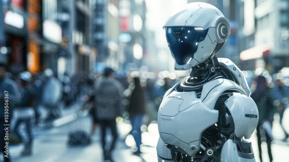 3d rendering robot in the city, technology concept, blurred background