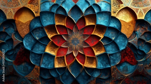 Bold 3D geometric design featuring vibrant Arabic patterns in shades of red blue and gold with textured surfaces and intricate Islamic ornaments creating a dynamic Arabianinspired background photo