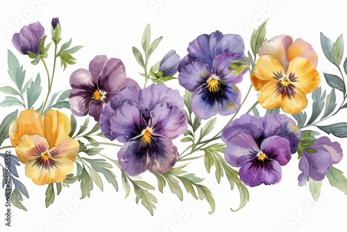 watercolor of pansy in various color and angle. ai generated