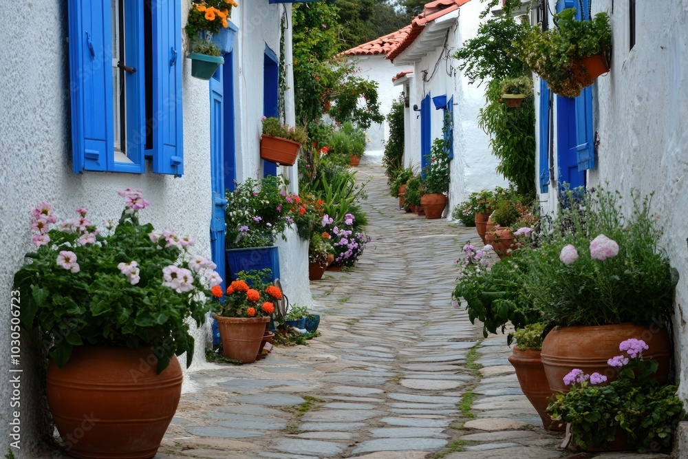 Naklejka premium A charming cobblestone path lined with colorful flowers and blue-shuttered houses.