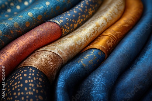 A row of colorful fabrics with gold and blue designs