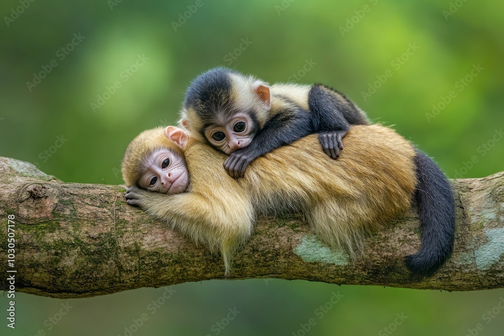 Two monkeys cuddling on a branch, showcasing affection in a natural setting. Two monkeys cuddling on a branch, showcasing affection in a natural setting.