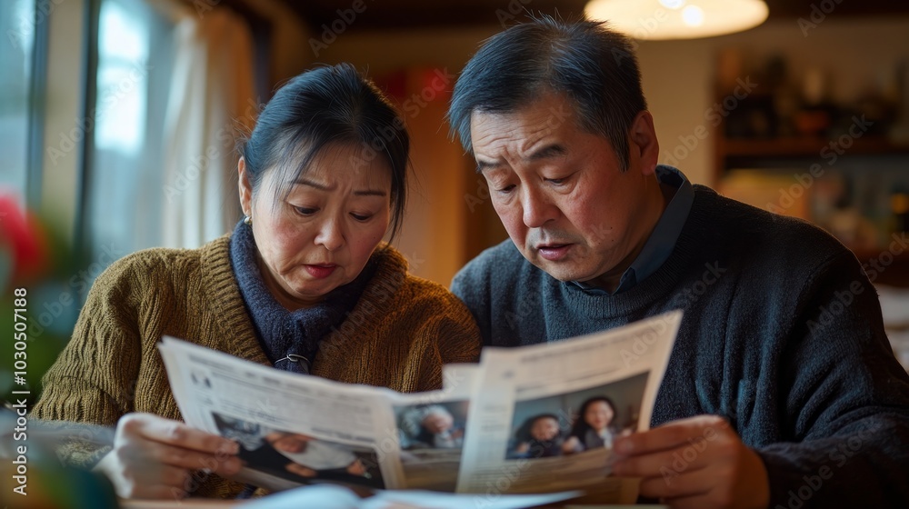 Obraz premium A couple reading a newspaper together, displaying concern and engagement.