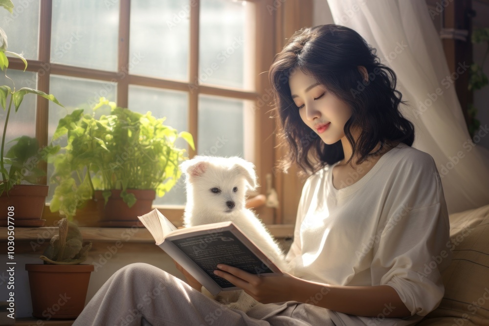 Korean woman pet reading sitting. Korean woman pet reading sitting.
