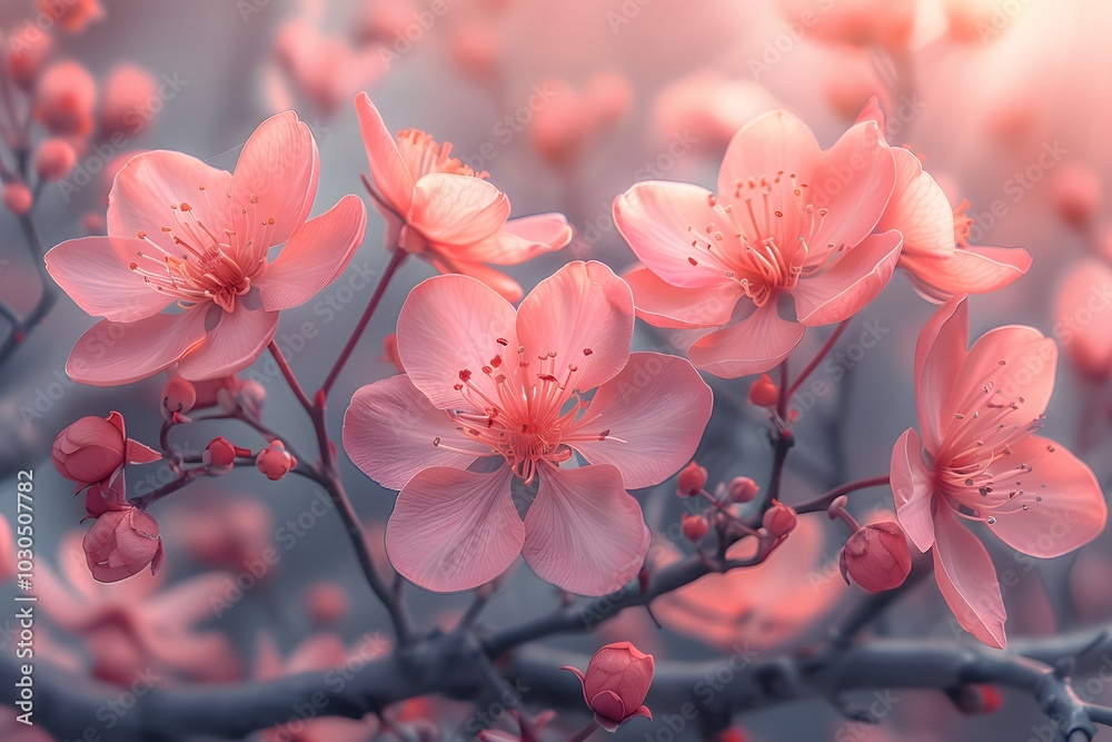 Tranquil Spring Blossom Scene with Gentle Sunlit Cherry Blossoms Tranquil Spring Blossom Scene with Gentle Sunlit Cherry Blossoms