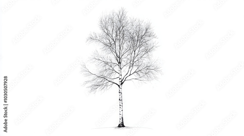 Fototapeta premium Black and white line drawing of a tall, simple aspen tree 