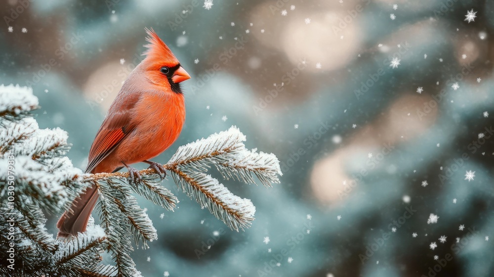 A vibrant cardinal perched on a frosted branch amidst falling snowflakes.