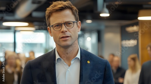 Confident businessman in a modern office setting, wearing glasses and a blazer.