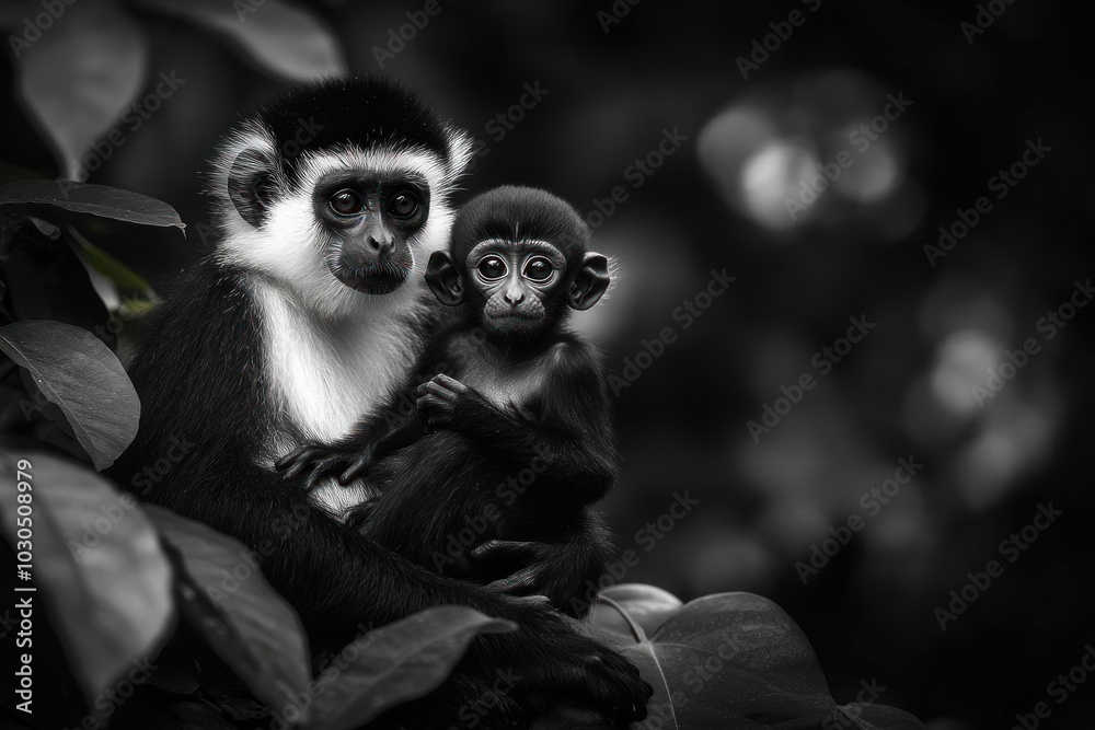 A black-and-white image of a monkey and its baby perched on leaves. A black-and-white image of a monkey and its baby perched on leaves.