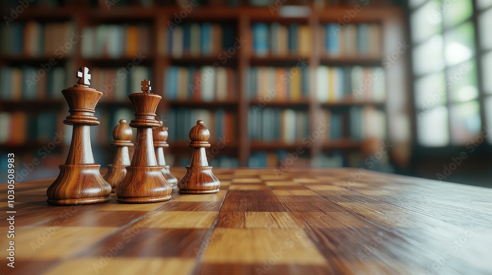 Wooden Chess Set on Table in Cozy Library Setting Wooden Chess Set on Table in Cozy Library Setting
