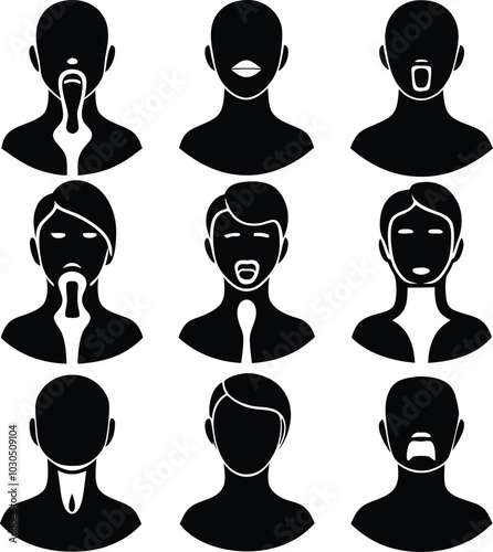 Black Silhouette Vector Portraits: Diverse Faces with Hair, Mouth Expressions, and Necklines in Minimalist Style