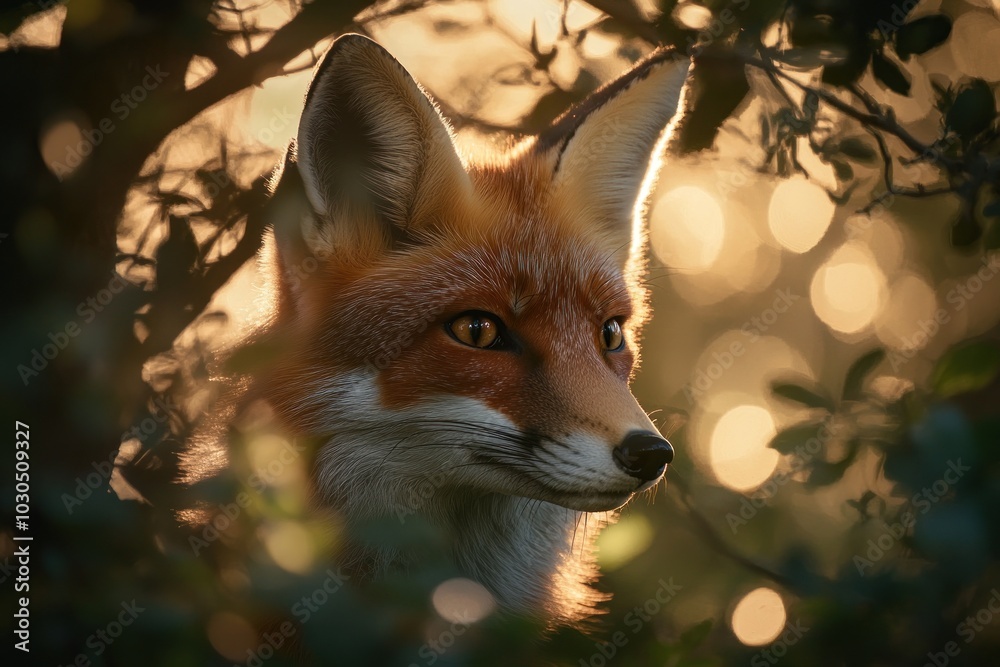 Fototapeta premium A close-up of a fox's face surrounded by foliage, illuminated by soft, glowing light.