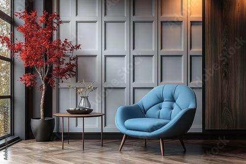 A blue chair sits in front of a window with a potted tree in the background