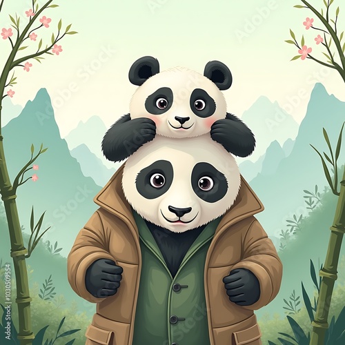 Father panda with son on his shoulders in a bamboo forest, happy family moment