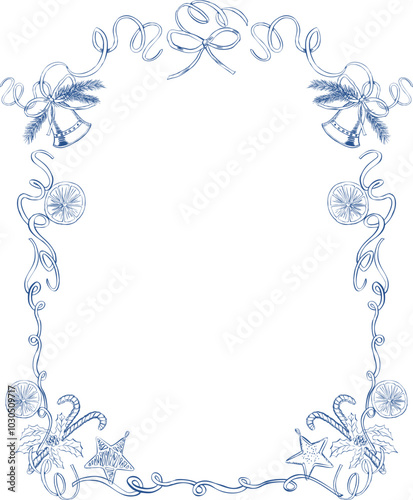 Christmas vintage ink floral frame with ribbon, bell, pine tree