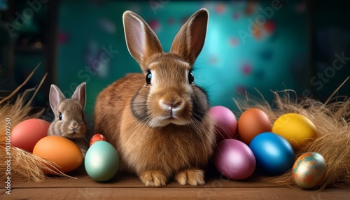 Two Adorable Rabbits with Colorful Easter Eggs