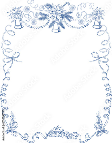 Baroque line art Christmas vintage ink floral frame with ribbon, bell, pine tree