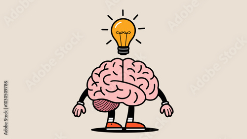 Cartoon brain character with light bulb idea for creative thinking concept