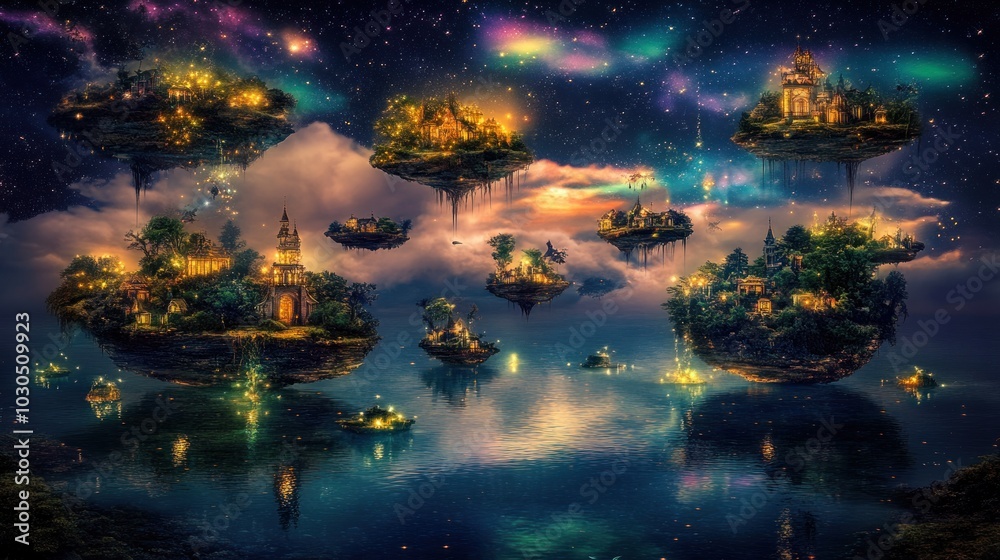 Obraz premium A fantastical landscape of floating islands illuminated at night, showcasing magical architecture.